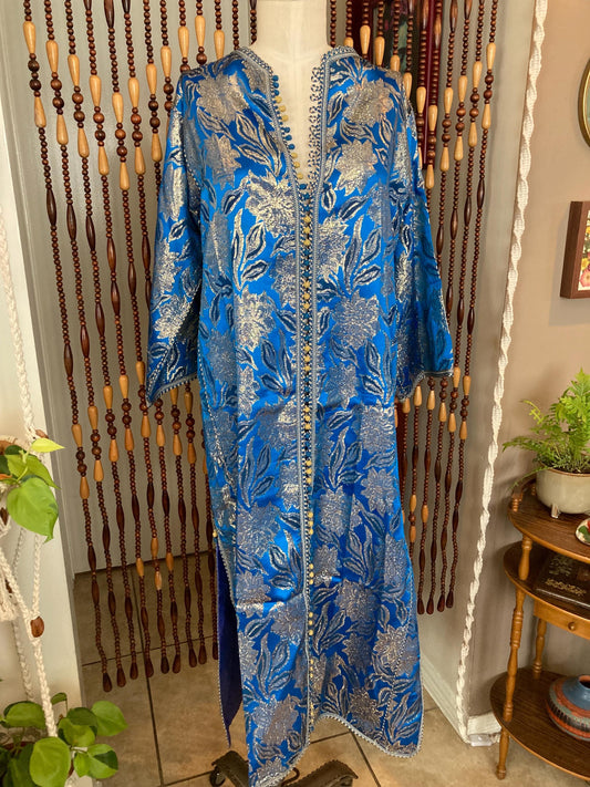 70s Metallic Brocade Kaftan Duster: Blue & Gold Moroccan Dress