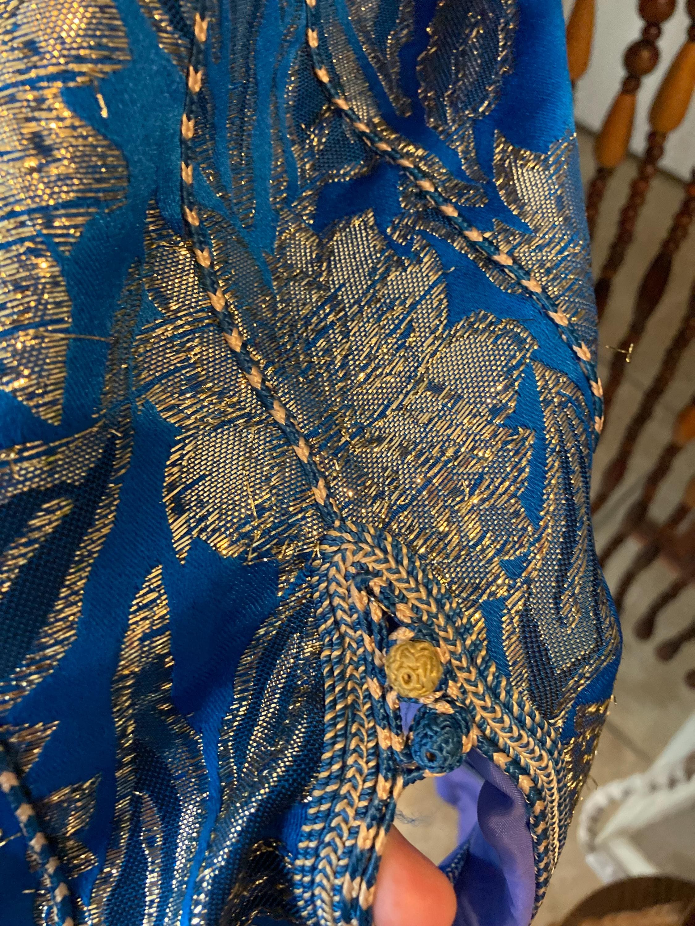 70s Metallic Brocade Kaftan Duster: Blue & Gold Moroccan Dress