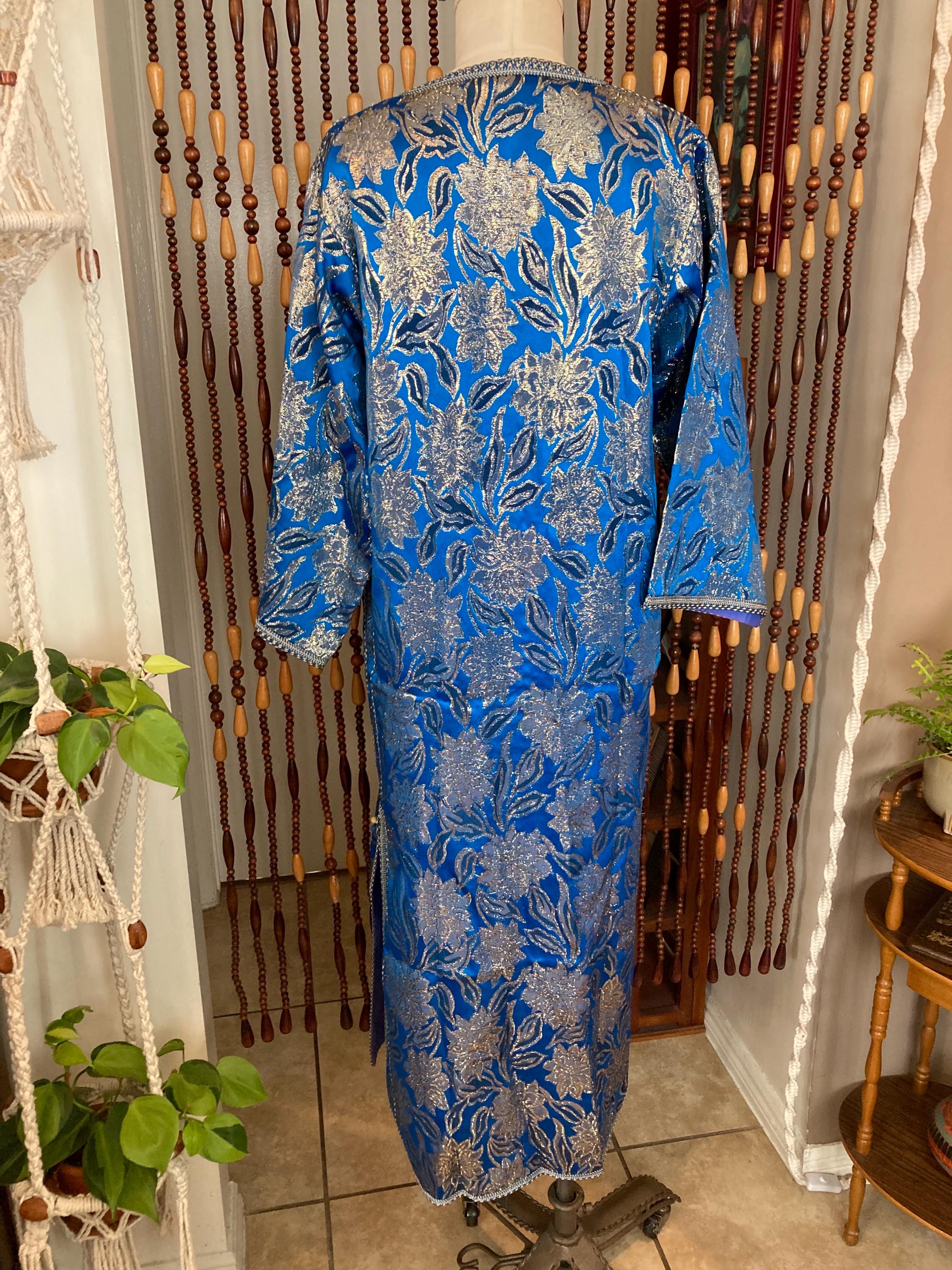 70s Metallic Brocade Kaftan Duster: Blue & Gold Moroccan Dress