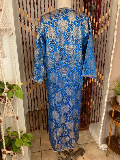 70s Metallic Brocade Kaftan Duster: Blue & Gold Moroccan Dress