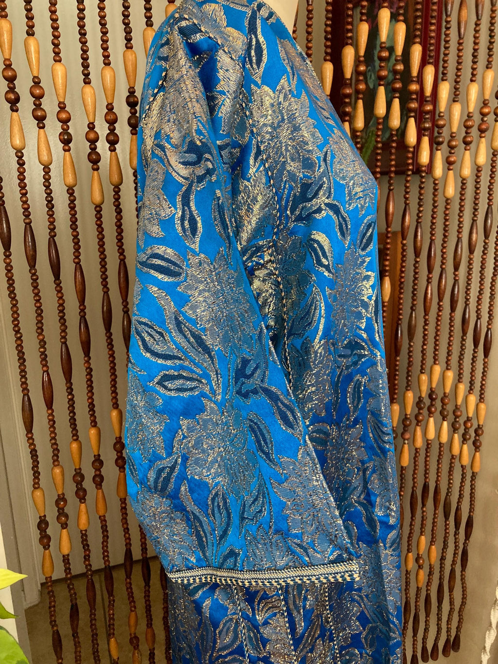 70s Metallic Brocade Kaftan Duster: Blue & Gold Moroccan Dress