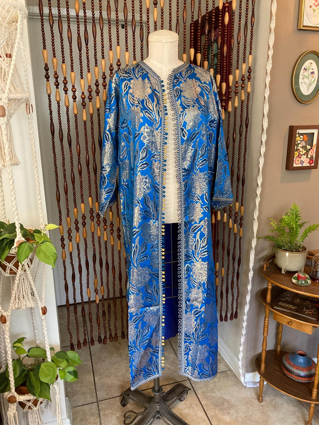 70s Metallic Brocade Kaftan Duster: Blue & Gold Moroccan Dress