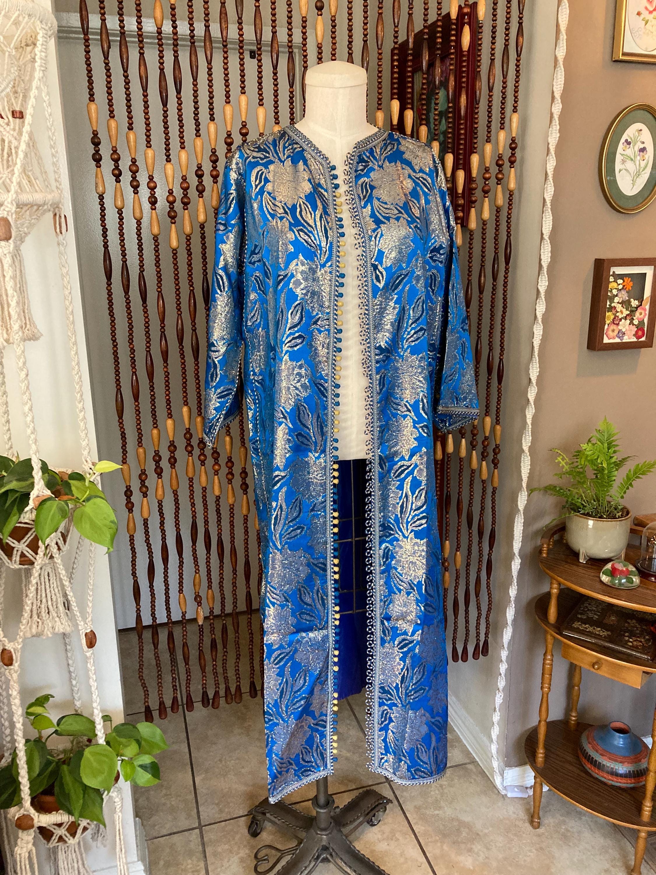 70s Metallic Brocade Kaftan Duster: Blue & Gold Moroccan Dress