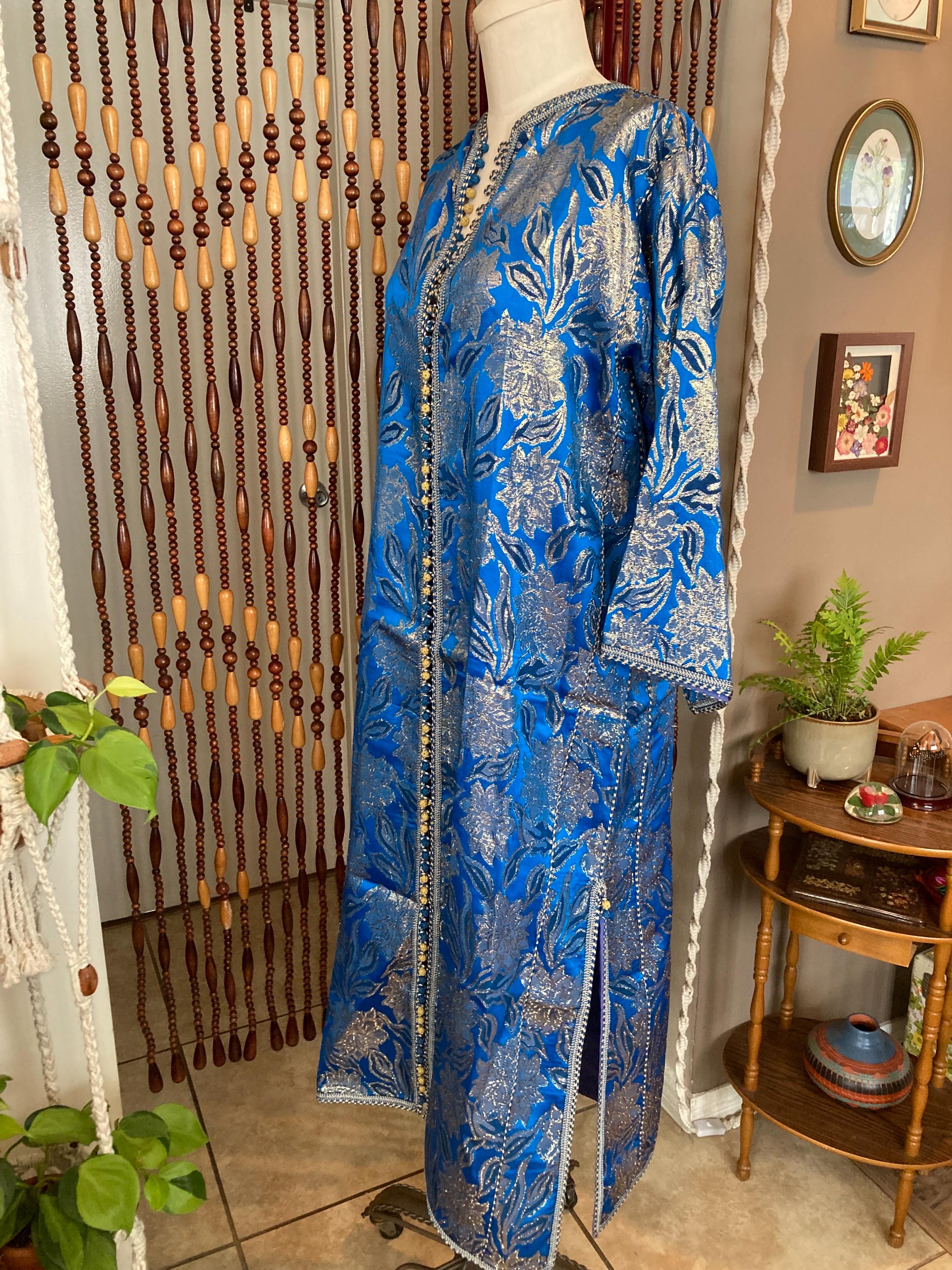 70s Metallic Brocade Kaftan Duster: Blue & Gold Moroccan Dress