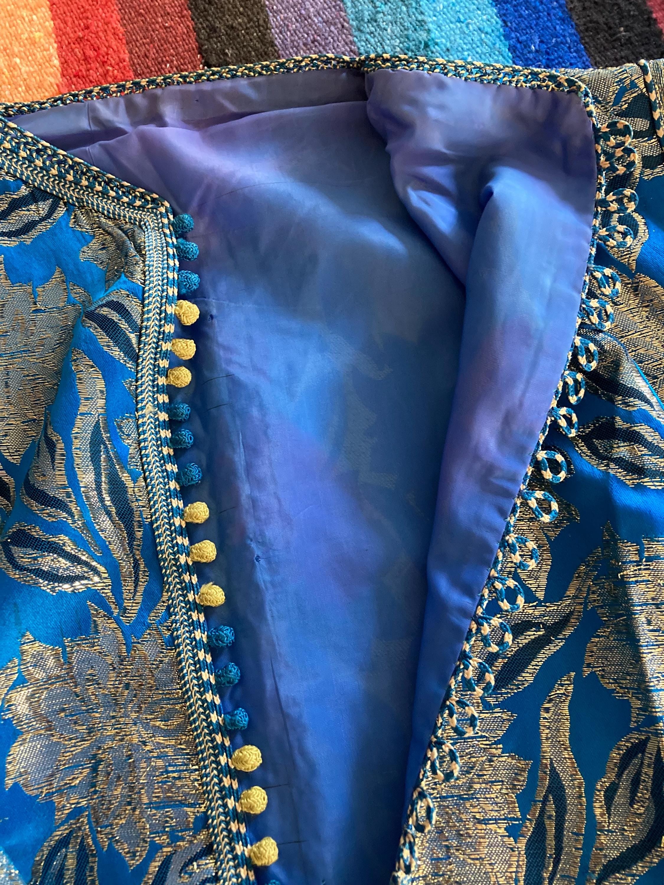 70s Metallic Brocade Kaftan Duster: Blue & Gold Moroccan Dress