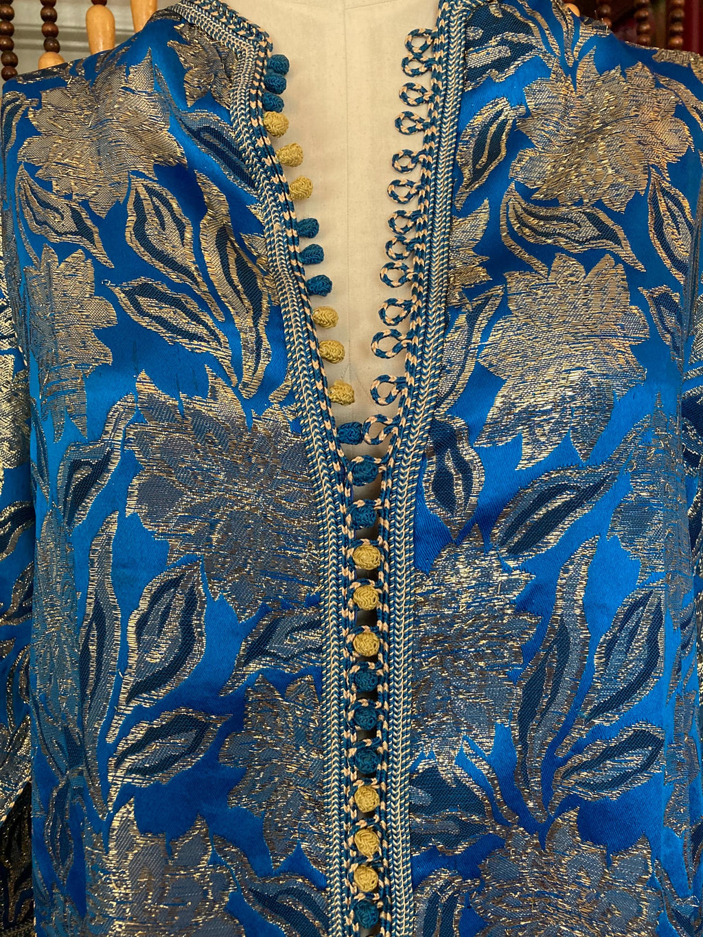 70s Metallic Brocade Kaftan Duster: Blue & Gold Moroccan Dress