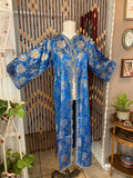 70s Metallic Brocade Kaftan Duster: Blue & Gold Moroccan Dress