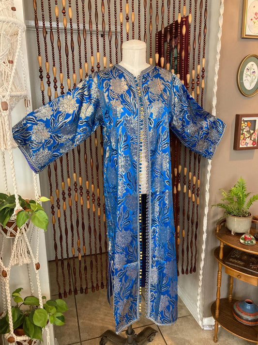 70s Metallic Brocade Kaftan Duster: Blue & Gold Moroccan Dress