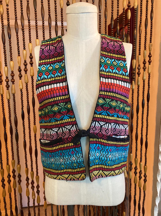 Vintage 70s Guatemalan Woven Vest: Colorful Embroidered Cotton, Size Medium