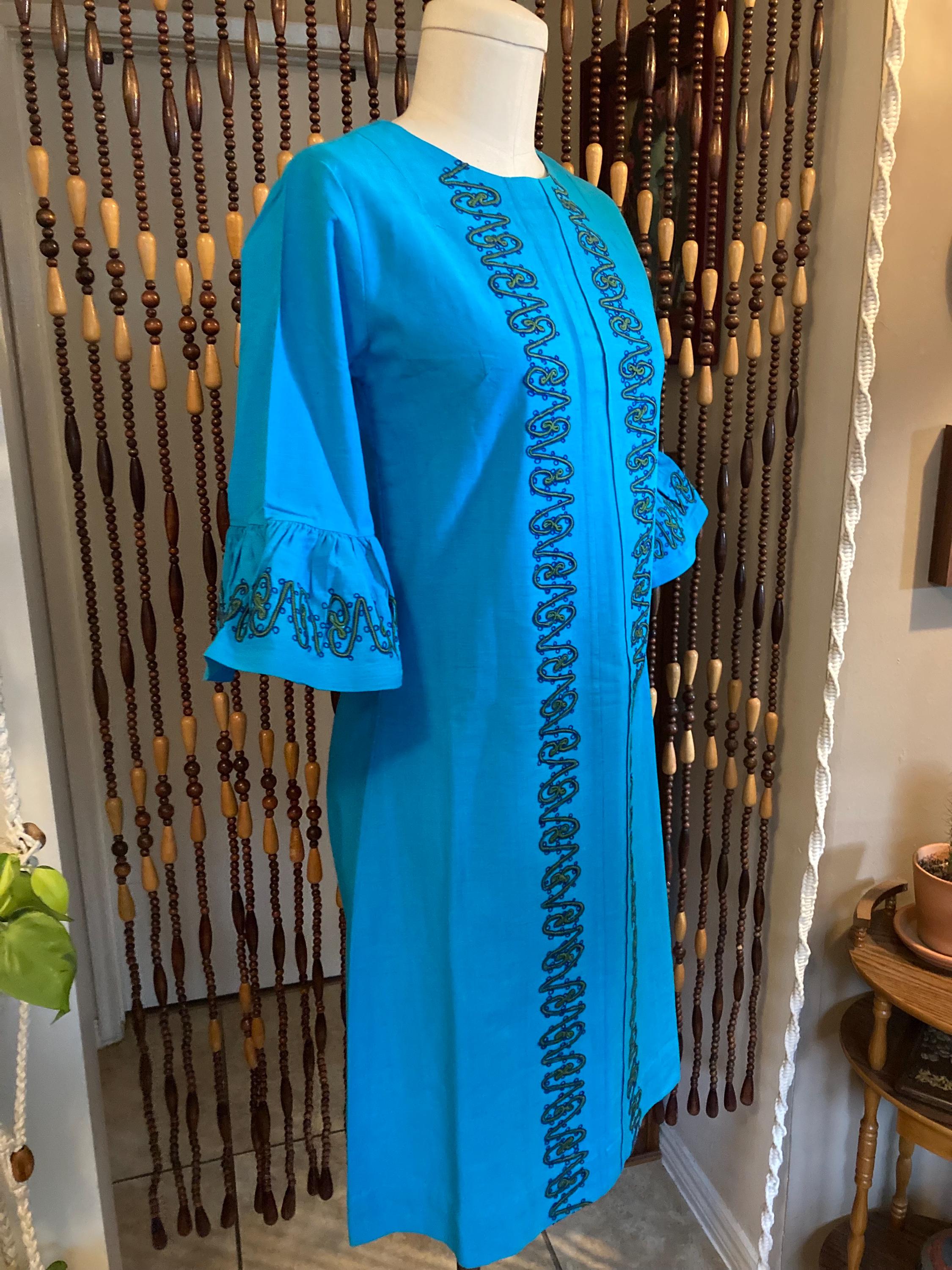 1960s Embroidered Cotton Mini Dress: Bell Sleeves, Size 4