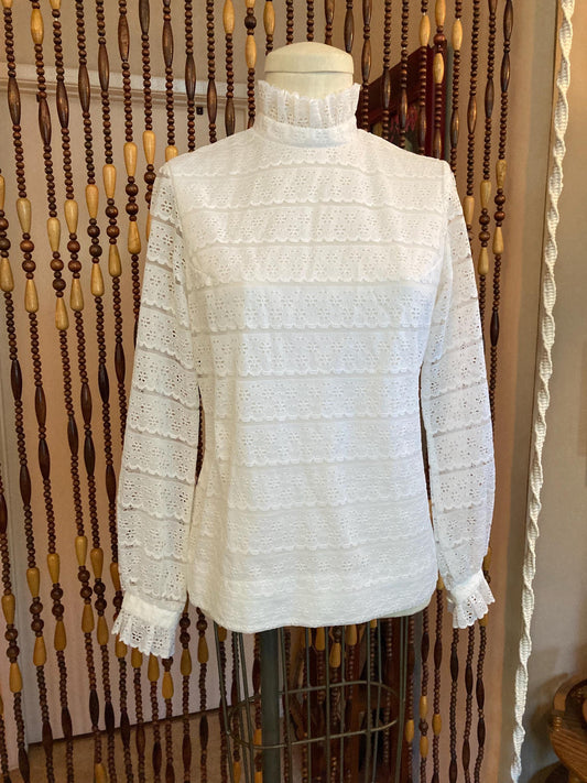 70's Cottagecore Lace Blouse: High Neck Prairie Top Size 8/10