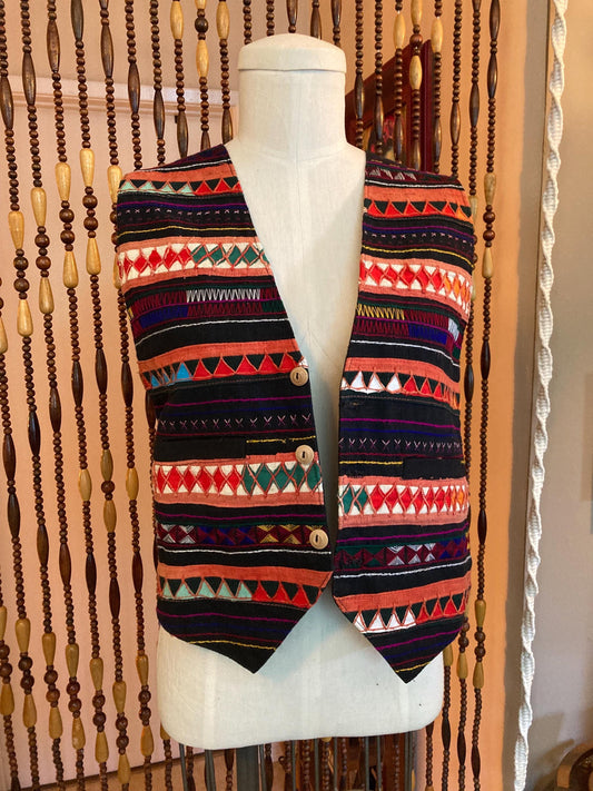 Vintage 70's Indian Vest: Colorful Hand-stitched Cotton, Size 8/10