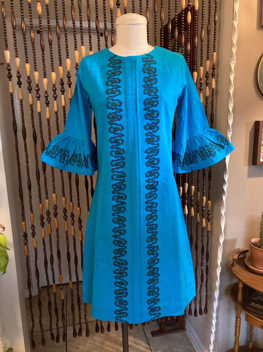 1960s Embroidered Cotton Mini Dress: Bell Sleeves, Size 4