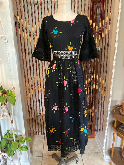 Vintage 70's Black Mexican Dress: Embroidered Pintuck Cotton, Size 4
