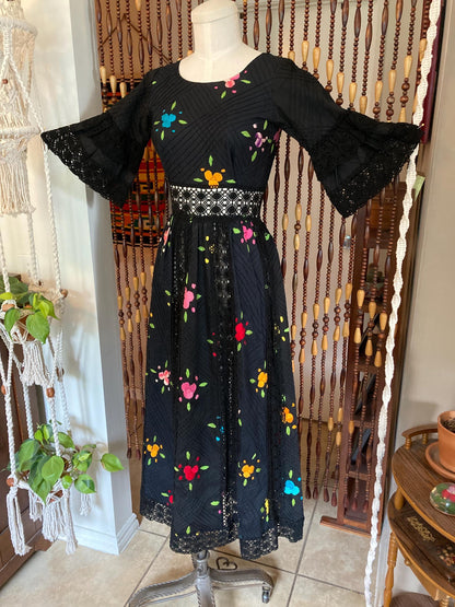 Vintage 70's Black Mexican Dress: Embroidered Pintuck Cotton, Size 4