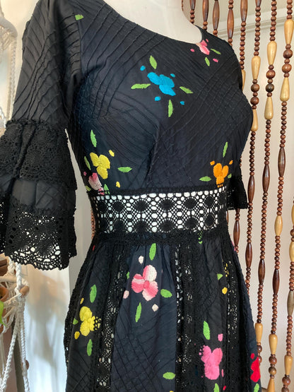 Vintage 70's Black Mexican Dress: Embroidered Pintuck Cotton, Size 4