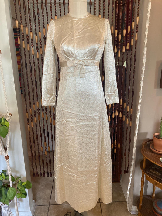 1960s Metallic Gold Party Dress: Vintage Cream Satin, Size 2/4