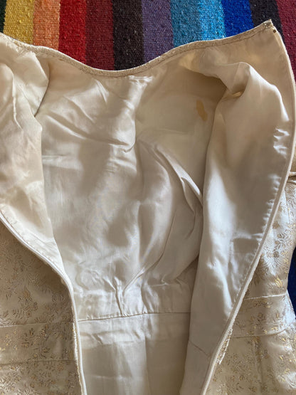 1960s Metallic Gold Party Dress: Vintage Cream Satin, Size 2/4