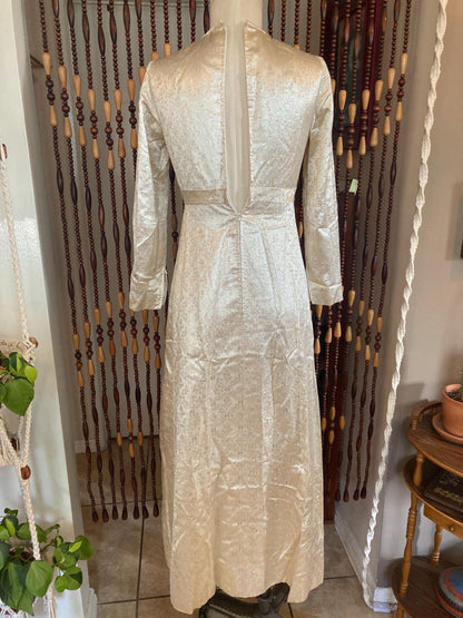 1960s Metallic Gold Party Dress: Vintage Cream Satin, Size 2/4
