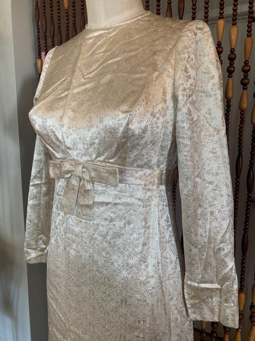 1960s Metallic Gold Party Dress: Vintage Cream Satin, Size 2/4