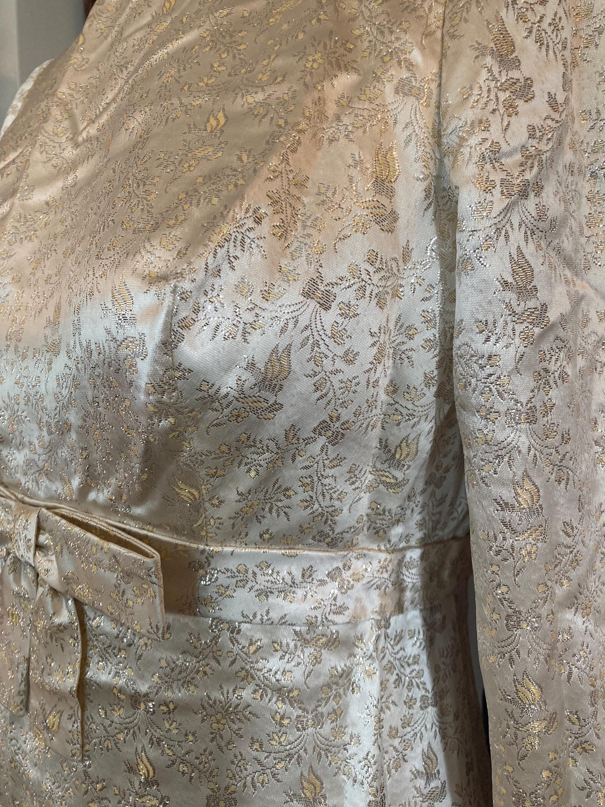 1960s Metallic Gold Party Dress: Vintage Cream Satin, Size 2/4