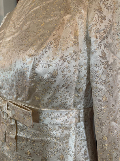 1960s Metallic Gold Party Dress: Vintage Cream Satin, Size 2/4