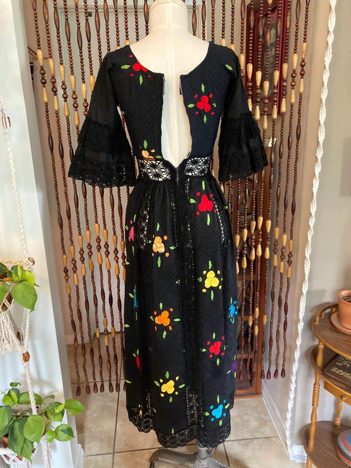 Vintage 70's Black Mexican Dress: Embroidered Pintuck Cotton, Size 4