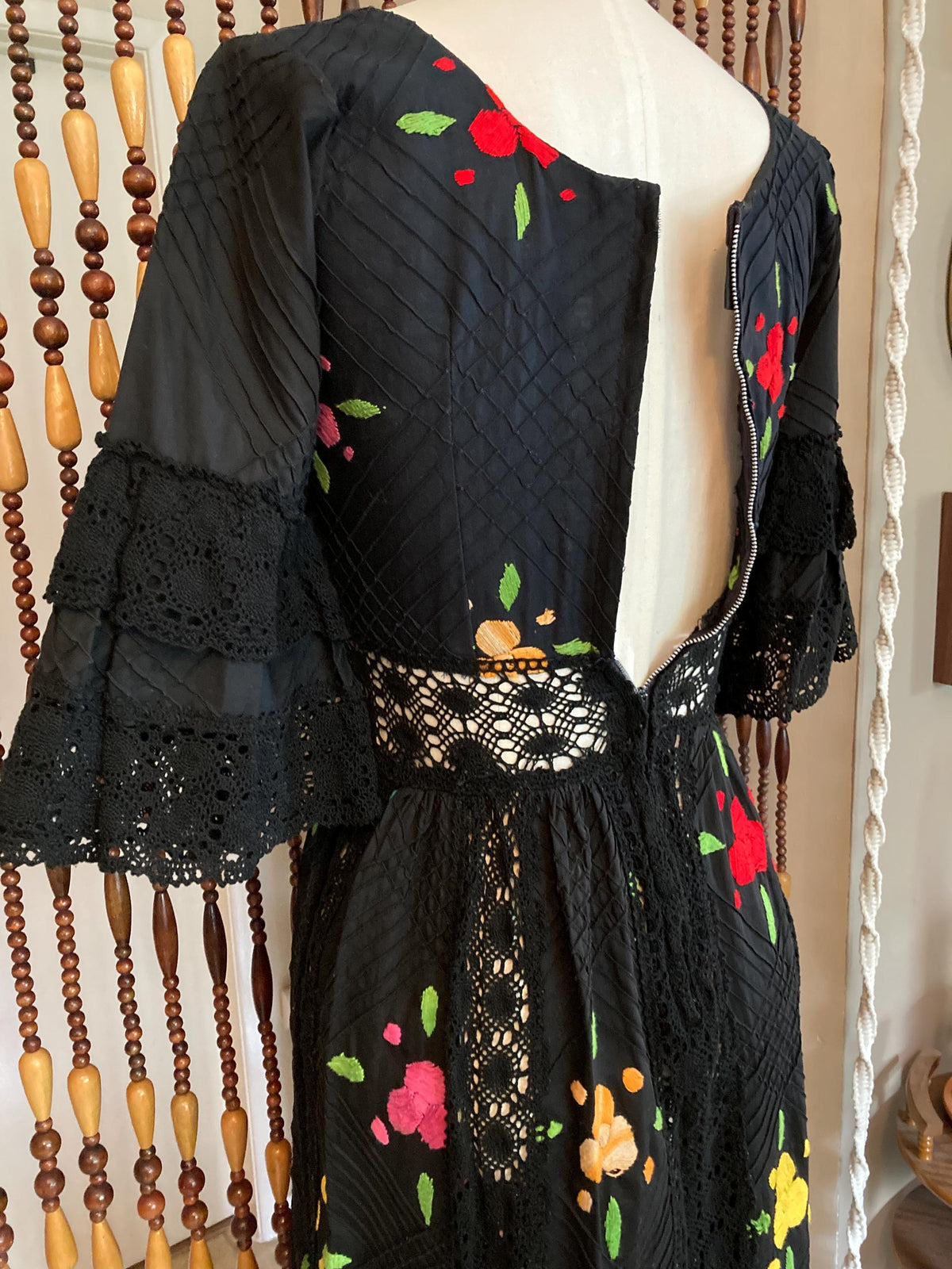 Vintage 70's Black Mexican Dress: Embroidered Pintuck Cotton, Size 4