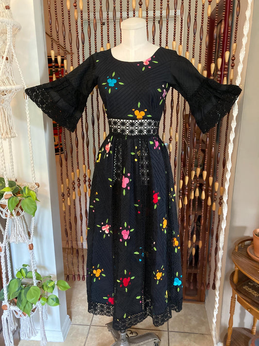 Vintage 70's Black Mexican Dress: Embroidered Pintuck Cotton, Size 4