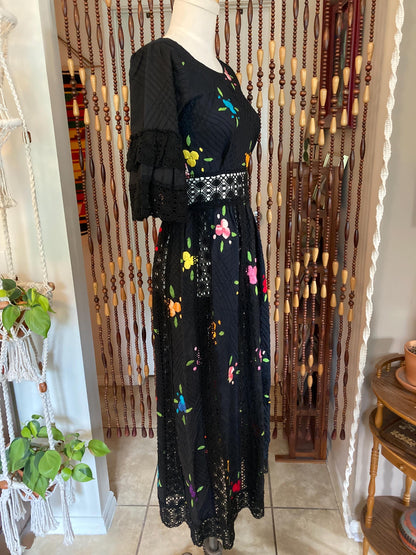 Vintage 70's Black Mexican Dress: Embroidered Pintuck Cotton, Size 4