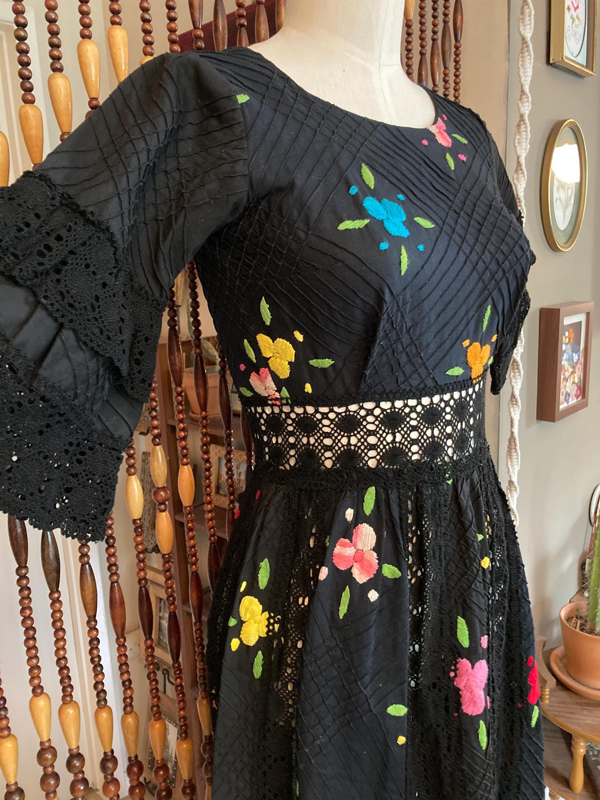 Vintage 70's Black Mexican Dress: Embroidered Pintuck Cotton, Size 4