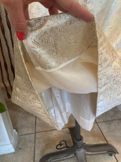 1960s Metallic Gold Party Dress: Vintage Cream Satin, Size 2/4