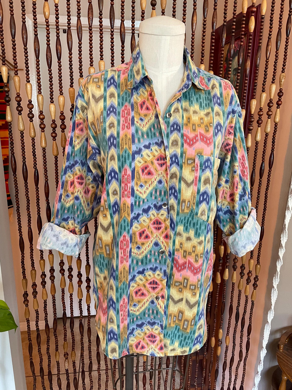 Vintage 80s Southwestern Cotton Blouse: Abstract Chevron Print, Size 8-10