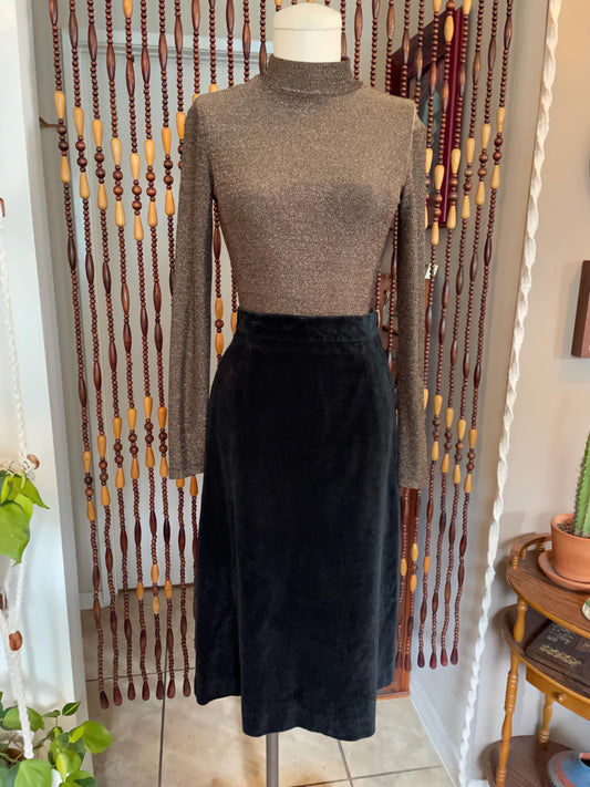 1970s Black Velvet Midi Skirt: Groovy Velveteen Plush Skirt, Size 6/8
