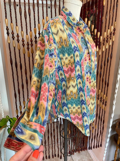 Vintage 80s Southwestern Cotton Blouse: Abstract Chevron Print, Size 8-10