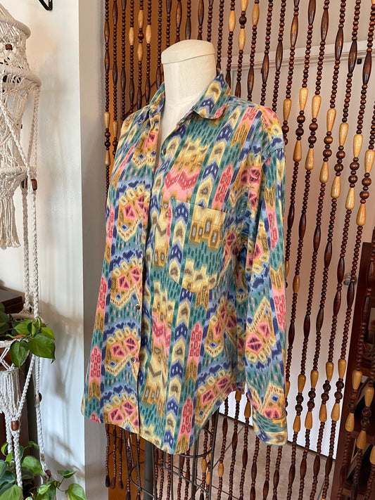 Vintage 80s Southwestern Cotton Blouse: Abstract Chevron Print, Size 8-10