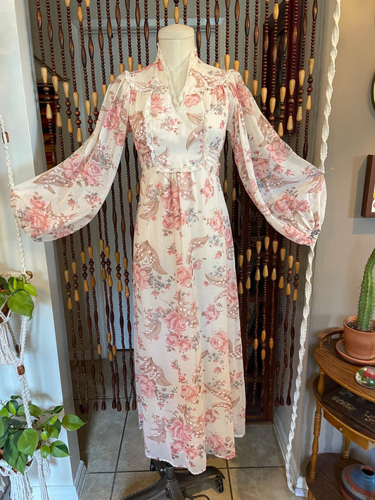 1970s Floral Prairie Dress: Bishop Sleeves Vintage Maxi (Size 2/4)