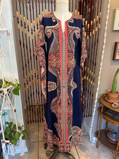 1970s Vintage Cotton Dashiki Maxi Dress: Boho Kaftan, Size 4-8