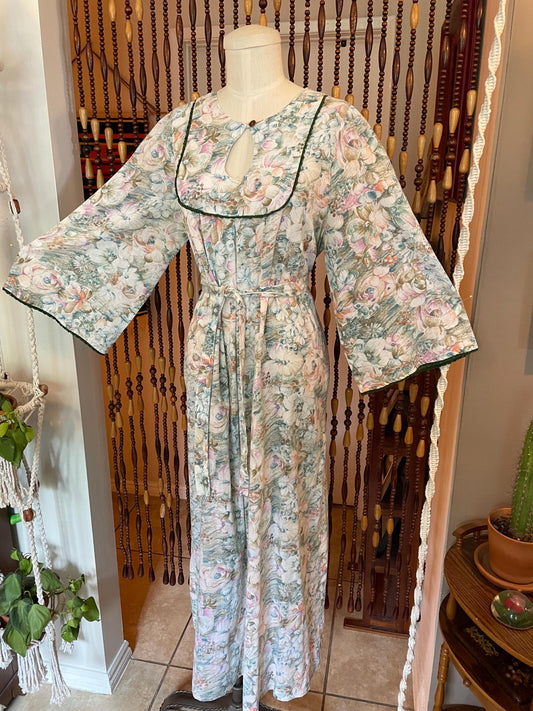 70s Floral Gauze Maxi Dress: Cottagecore Bell Sleeves, Boho Kaftan (Size 10-14)