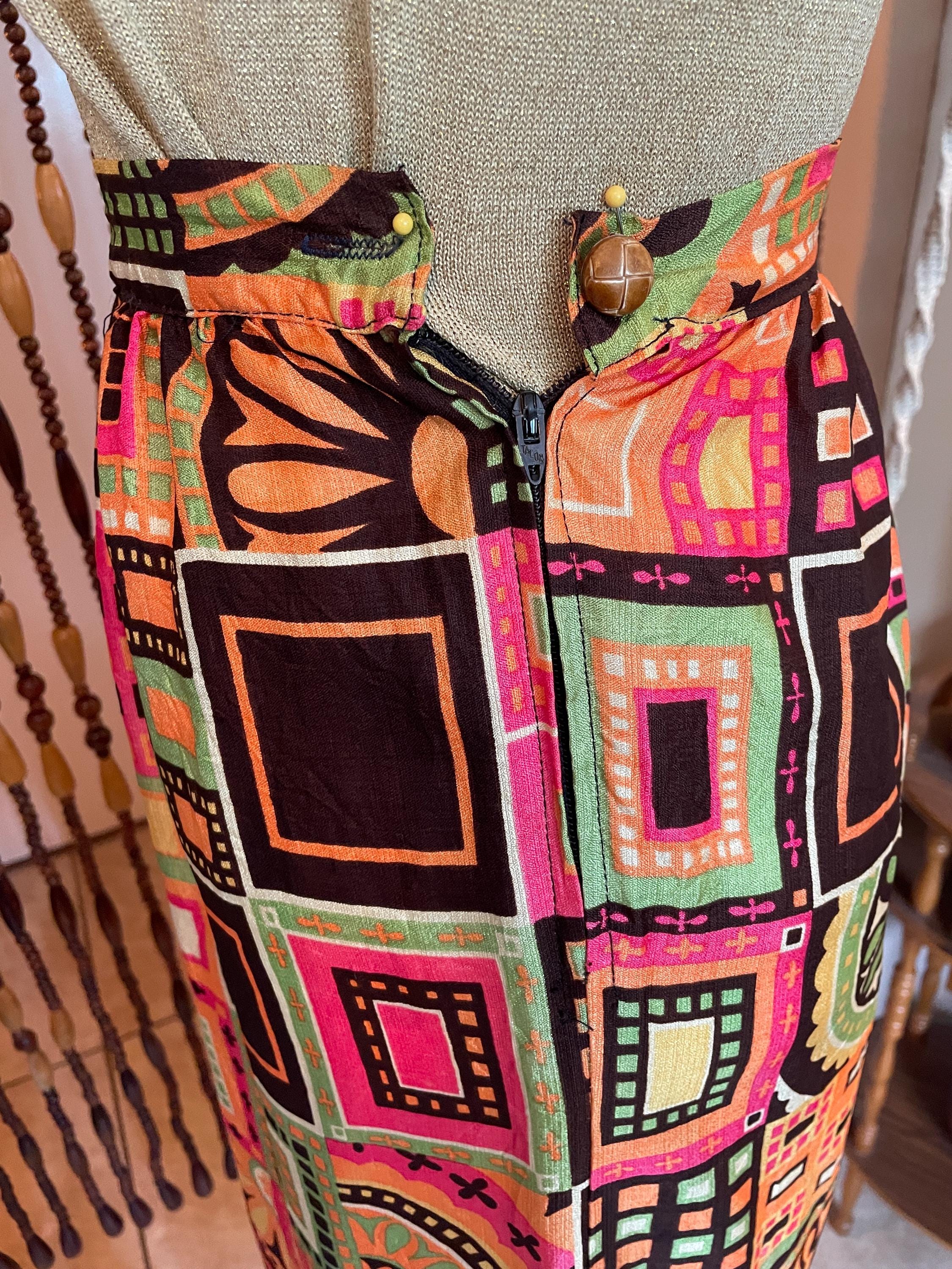 1970s Psychedelic Print Maxi Skirt: Vintage Groovy Barkcloth