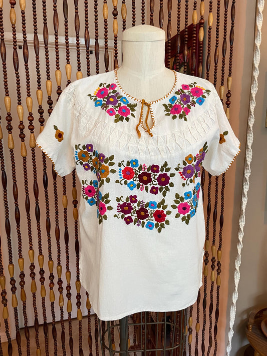 70s Embroidered Cotton Peasant Blouse: Boho Hippie Tunic, Size 8-10