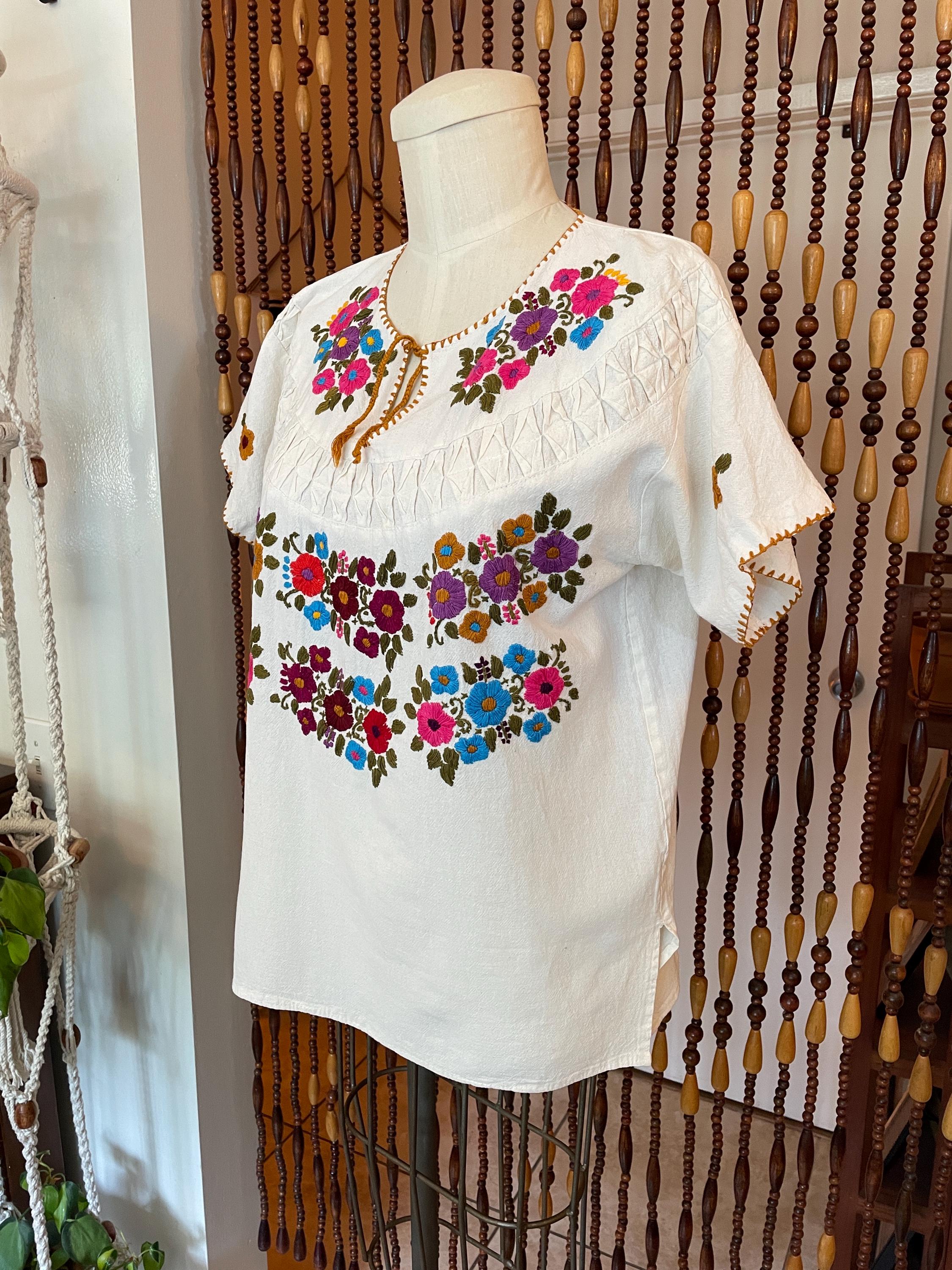 70s Embroidered Cotton Peasant Blouse: Boho Hippie Tunic, Size 8-10