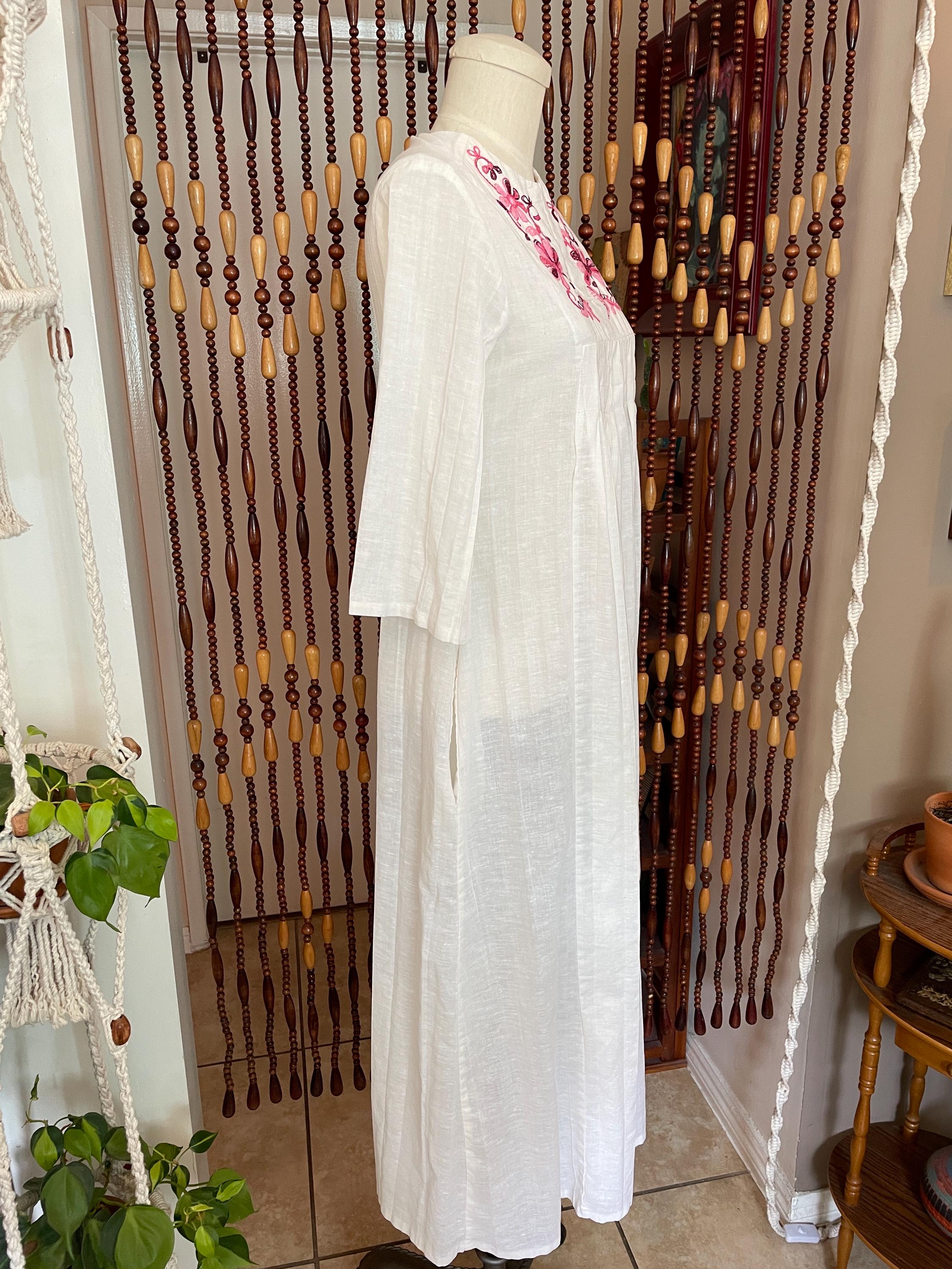 70s Embroidered Cotton Kaftan Maxi Dress: Boho Hippie Bell Sleeve Caftan