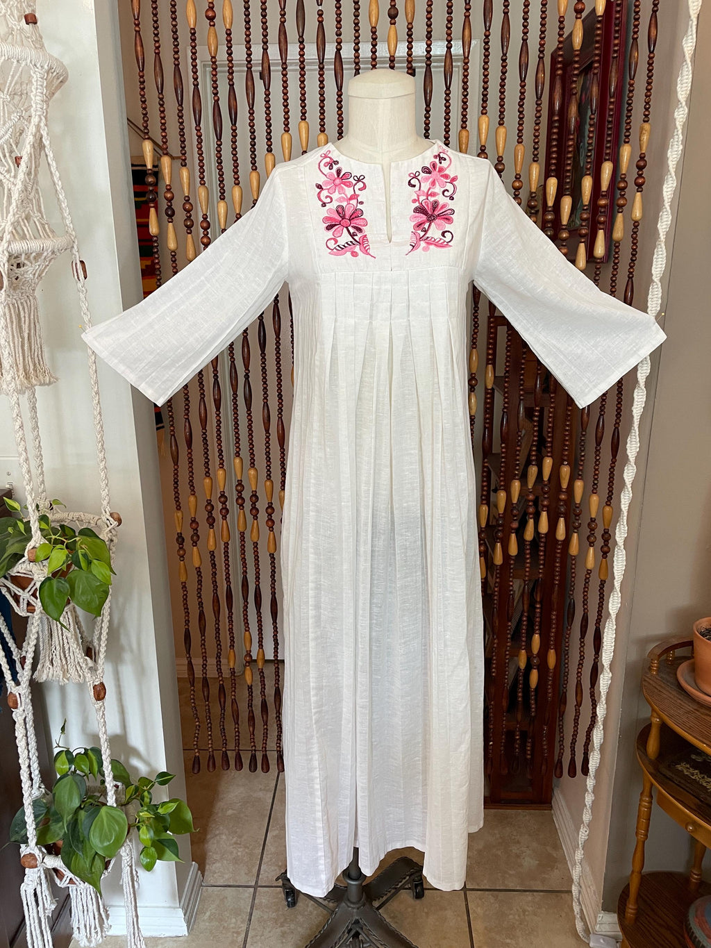 70s Embroidered Cotton Kaftan Maxi Dress: Boho Hippie Bell Sleeve Caftan