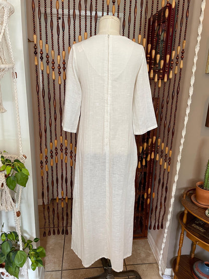 70s Embroidered Cotton Kaftan Maxi Dress: Boho Hippie Bell Sleeve Caftan