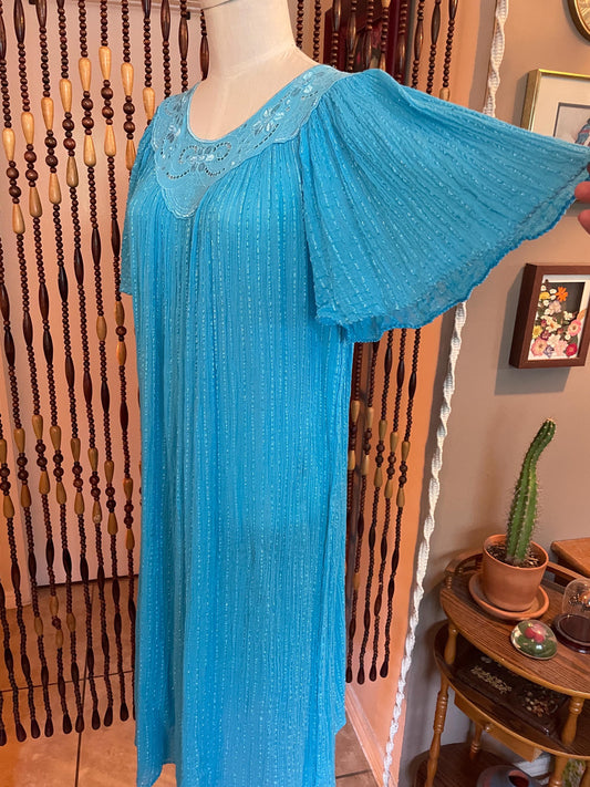 Vintage 70s Gauze Dress: Grecian Boho Flutter Sleeve Cotton Nightgown (Size 6-10)