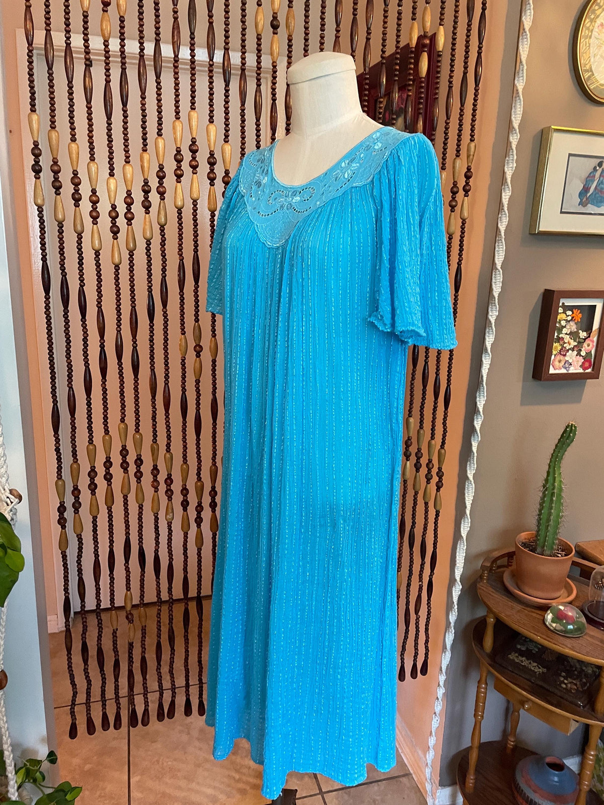 Vintage 70s Gauze Dress: Grecian Boho Flutter Sleeve Cotton Nightgown (Size 6-10)