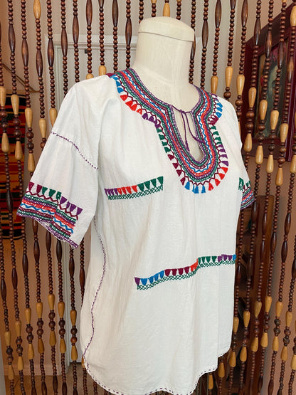 70s Embroidered Cotton Tunic Top: Vintage Boho Hippie Blouse, Size 4/6