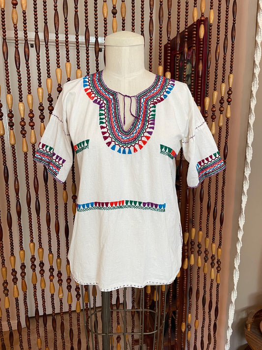 70s Embroidered Cotton Tunic Top: Vintage Boho Hippie Blouse, Size 4/6