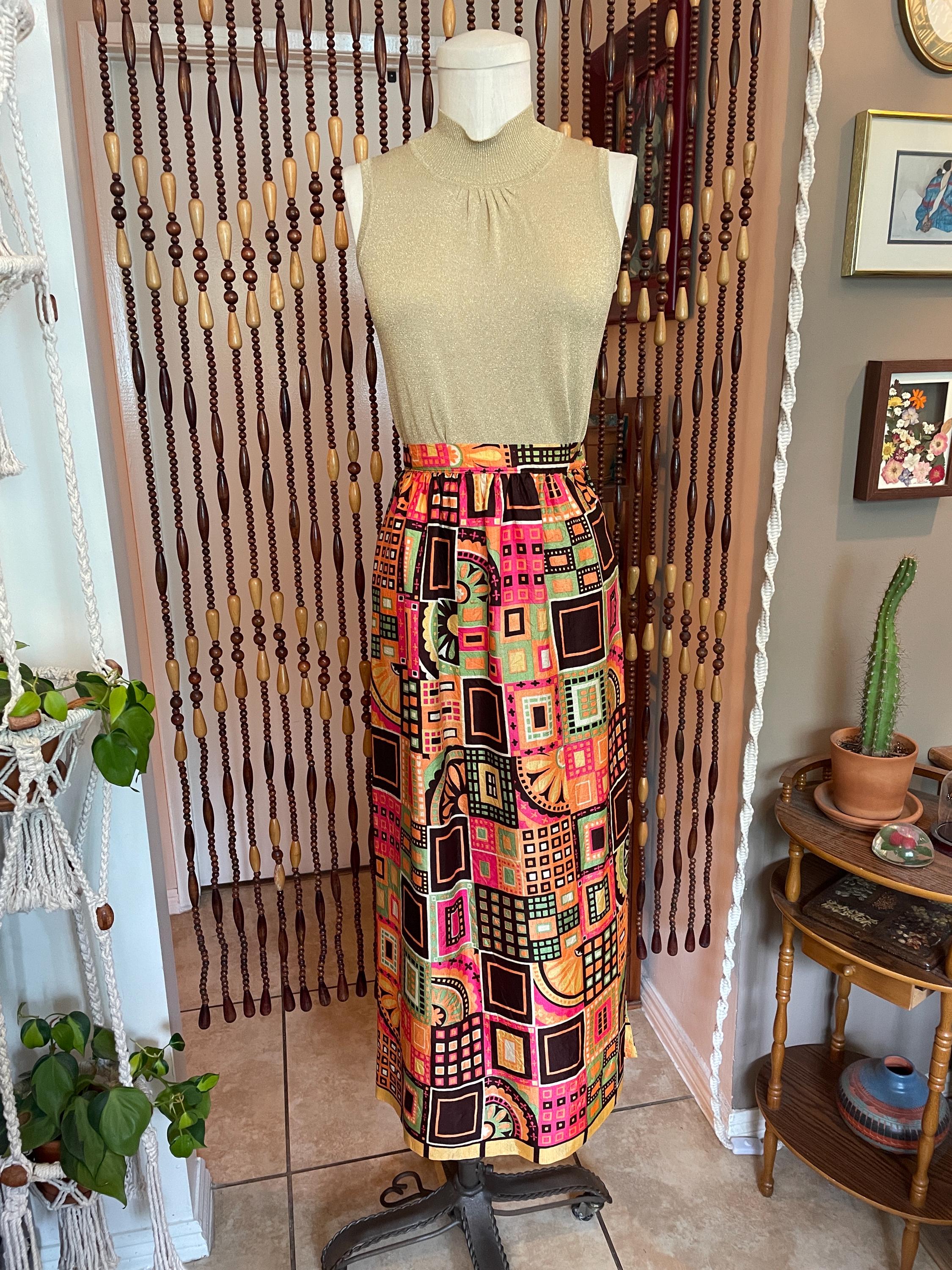 1970s Psychedelic Print Maxi Skirt: Vintage Groovy Barkcloth